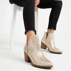 Tuhoomall Glitter Ankle Boots for Women, 3-Inch Chunky Heel, Shiny Pointed Toe, Perfect for Parties and Fashion Events