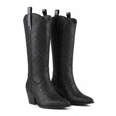 Tuhoomall Western Block Heel Ankle Boots with Glitter Detail, 2.50 in Heel Height, Stylish for Parties and Performances, Faux Leather Lining