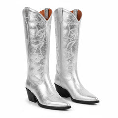 Tuhoomall Metallic Silver Western Mid Calf Boots With Stitched Detailing For Fashion, Travel, And Parties - Comfortable 2.36" Heel
