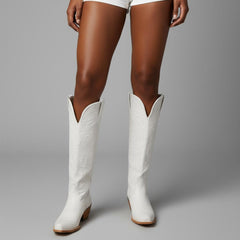 Tuhoomall Faux Suede Knee High Western Boots with Embroidered Eagles for Fashion, Travel, and Parties, 2.36 in Chunky Heel