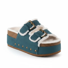 Tuhoomall Blue Faux Suede Fur-Lined Studs Double Buckle Strap Round Platform Cork Sandals Slippers