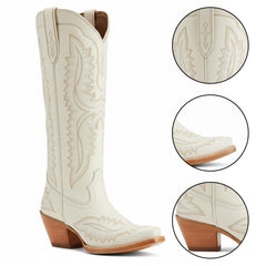 Tuhoomall Stylish Western Mid-Calf Boots for Women - Embroidered Vegan Leather, 2.76in Low Chunky Heel, Perfect for Year-Round Casual Wear