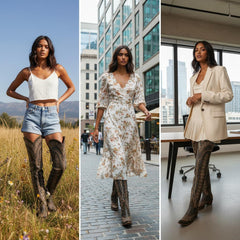 Tuhoomall Western Knee High Boots for Women, Floral Embroidery, Rubber Sole, Adjustable Buckle, Chunky Heel, All-Season Casual Wear