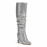 Tuhoomall Slouch Pointed-Toe Mid Calf Boots with Stiletto Heels for Fashion Performances - Sequin Finish, Slip-On Design, 4.33 in Heel Height