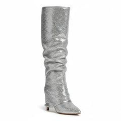 Tuhoomall Slouch Pointed-Toe Mid Calf Boots with Stiletto Heels for Fashion Performances - Sequin Finish, Slip-On Design, 4.33 in Heel Height Tuhoomall