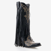 Tuhoomall Western Cowgirl Boots, Chunky Heel Mid Calf Slip-On, Fringe & Studded Design for Fashionable Outdoor Events Tuhoomall