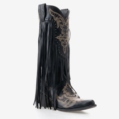 Tuhoomall Western Cowgirl Boots, Chunky Heel Mid Calf Slip-On, Fringe & Studded Design for Fashionable Outdoor Events Tuhoomall