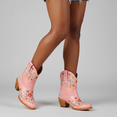 Tuhoomall Stylish Western Ankle Boots with Floral Embroidery, Rubber Sole, Chunky 5cm Heel for Classic and Casual Looks