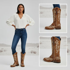 Tuhoomall Retro Floral Embroidered Mid Calf Boots for Women, Comfortable Slip-On Chunky Heel Design, Perfect for Casual Lifestyle