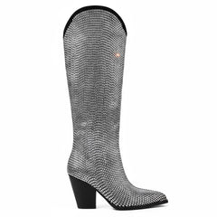 Tuhoomall Shiny Rhinestone Knee-High Boots for Parties and Performances, Stylish Pointed Toe Design, 9cm Chunky Heel, All-Season Wear