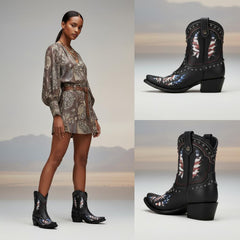 Tuhoomall Western Ankle Boots with Rubber Sole, Zipper Detail, Casual Style, Studded Graphic Design, High Shaft Height of 6 inches for All Seasons
