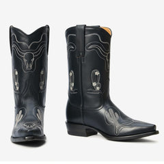 Tuhoomall Western Boots with Bullhead and Cactus Patterns, Embroidered Detail, Low Chunky Heel, All-Weather, Classic Design for Everyday Wear