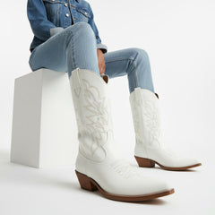 Tuhoomall Embroidered Western Chunky Heel Boots for Women - Pointed Toe, Zipper Closure, Mid-Calf Height, Stylish Vegan Leather, Perfect for All Seasons