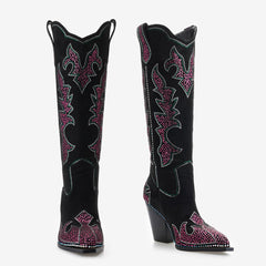 Tuhoomall Western Style High Heel Knee-High Boots with Floral Design and Rhinestones, Stylish Slip-On for Parties and Performances, 9cm Rubber Sole Tuhoomall