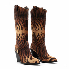 Tuhoomall Leopard Print Knee High Boots for Women, Stylish Chunky Heels, Slip-On Design, Ideal for Performance and Casual Wear