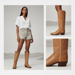 Tuhoomall Western Style Knee-High Boots, Embroidered Vegan Leather, 5.5cm Chunky Heel, Fashion Casual for All Seasons