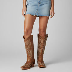 Tuhoomall Stylish Western Mid-Calf Boots for Women - Embroidered Vegan Leather, 2.76in Low Chunky Heel, Perfect for Year-Round Casual Wear