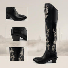 Tuhoomall Western Over-the-Knee Boots for Women, Chunky Heel, Snip-Toe, Embroidered, Slip-On, Distressed Style for Parties and Casual Outings