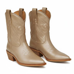 Tuhoomall Metallic Cowboy Ankle Boot with Chunky Block Heel, Pointed Toe, Embroidered Design for Casual Fashion Use, Vegan Leather, All Seasons