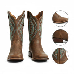 Tuhoomall Western Mid Calf Boots For Women, Chunky Heel, Square Toe, Embroidered Design, Slip-On, Fashion Casual, All Season, Rubber Sole