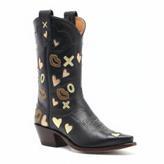 Tuhoomall Western Ankle Boots for Women, 5.5cm Heeled Slip-On, Geometric Pattern with Embroidery, Casual Stylish Mid-Calf Footwear for All Seasons