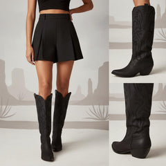 Tuhoomall Western Mid Calf Boots for Women, Embroidered Pointed Toe, Chunky Heel, Slip-On Design for Casual Style