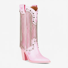 Tuhoomall Chunky Heel Western Rhinestone Booties with Fringes for Fashion Events, Pointed Toe, Slip-On Style, All-Day Comfort, Eye-Catching Design