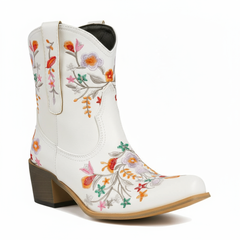 Tuhoomall Stylish Western Ankle Boots with Floral Embroidery, Rubber Sole, Chunky 5cm Heel for Classic and Casual Looks