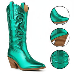 Tuhoomall Comfortable Western Boots for Women – 6cm Low Chunky Heel, Slip-On Design with Floral Embroidery - Fashionable All-Season Style