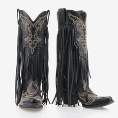 Tuhoomall Western Cowgirl Boots, Chunky Heel Mid Calf Slip-On, Fringe & Studded Design for Fashionable Outdoor Events Tuhoomall