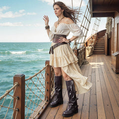 Tuhoomall Stylish Knee-High Boots for Women - Comfortable PU Leather, Low Chunky Heel, Adjustable Buckle for Casual and Formal Wear