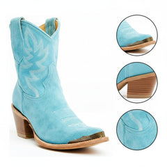 Tuhoomall Western Style Ankle Boots For Women, Vintage Plain Leather, Low Heel, Casual Chic, All-Season Fashion, Unique Embroidery Design