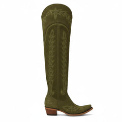 Tuhoomall Western Knee High Boots for Women, Floral Embroidery, Rubber Sole, Adjustable Buckle, Chunky Heel, All-Season Casual Wear