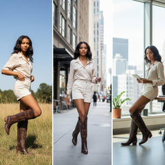 Tuhoomall Tuhoomall Western Knee-High Boots for Women, Floral Embroidered Design, Perfect for Parties, Office, and Casual Wear, 7.5 cm Classic Mid Chunky Heel