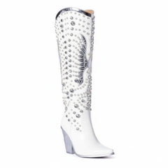 Tuhoomall Pointed-Toe Mid Calf Boots With Rhinestones For Fashion Parties | Chunky Heel, PU Upper, All-Season Style