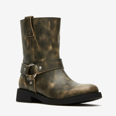 Tuhoomall Western Cowboy Ankle Boots for Women, Vintage Chunky Heel Booties, Easy Slip-On Design, All-Weather Comfort with Metal Buckle Detail Tuhoomall
