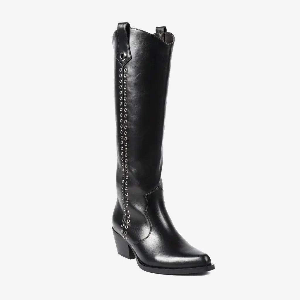 Tuhoomall Western Style Knee-High Fashion Boots with Studded Design, Comfortable Slip-On Chunky Heel for Parties and Casual Wear Tuhoomall