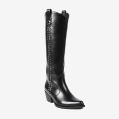 Tuhoomall Western Style Knee-High Fashion Boots with Studded Design, Comfortable Slip-On Chunky Heel for Parties and Casual Wear