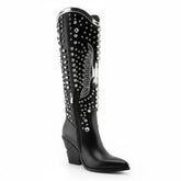 Tuhoomall Pointed-Toe Mid Calf Boots With Rhinestones For Fashion Parties | Chunky Heel, PU Upper, All-Season Style Tuhoomall