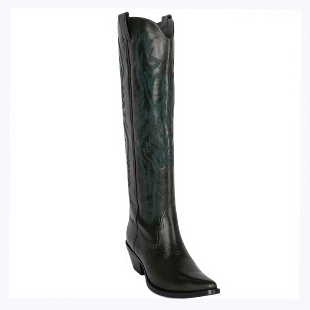 Tuhoomall Western Style Floral Embroidery Knee High Boots for Work - 5.6 cm Chunky Heel, Rubber Sole, Slip-On Design, Classic Fashion وترتیب Tuhoomall