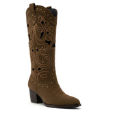 Tuhoomall Stylish Western Cowboy Boots with Floral Embroidery, Chunky Heel, Slip-On Design, Breathable Hollow for Casual and Dressy Occasions