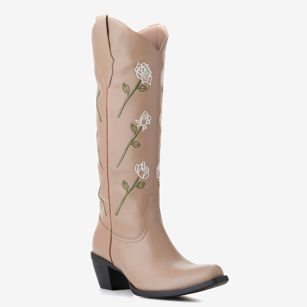 Tuhoomall Western Floral Embroidery Chunky Heel Slip-On Mid Calf Boots for Women, Comfortable Rubber Sole, All-Season Fashion, Durable and Stylish Tuhoomall