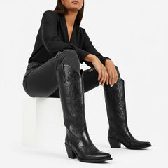 Tuhoomall Tuhoomall Western Knee-High Boots for Women, Floral Embroidered Design, Perfect for Parties, Office, and Casual Wear, 7.5 cm Classic Mid Chunky Heel