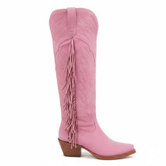 Tuhoomall Fringe Western Knee High Boots for Women, Soft Vegan Suede, Embroidered Design, Perfect for Vintage, Casual, and Party Wear