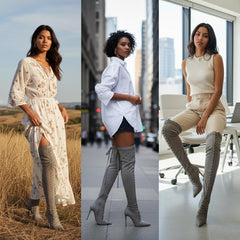 Tuhoomall Knee-High Boots For Bridal Occasion, Pointed-Toe Stiletto Heel, Lace-Up Design, Solid Color, 4" Heel Height, All-Season Wear