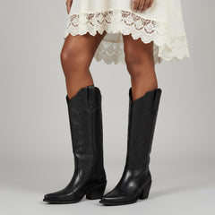 Tuhoomall Tuhoomall Western Knee-High Boots for Women, Floral Embroidered Design, Perfect for Parties, Office, and Casual Wear, 7.5 cm Classic Mid Chunky Heel