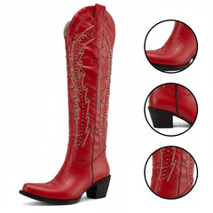 Tuhoomall Western Knee-High Boots with Studs and Rhinestones, Low Chunky Heel 2.25 in, All-Season Fashionable Casual Footwear