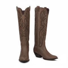 Tuhoomall Western Mid Calf Boots for Women, Embroidered Pointed Toe, Chunky Heel, Slip-On Design for Casual Style