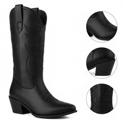 Tuhoomall Western Chunky Heel Women's Cowboy Boots, Comfortable Slip-On, Retro Embroidered Design, Non-Slip Sole for Travel and Casual Wear