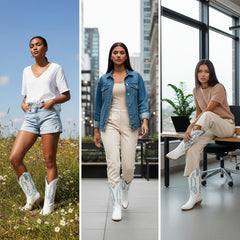 Tuhoomall Western Cowboy Boots for Women, Chunky Heel, Pointed Toe, Slip-On Design, Embroidered Detail, Casual Style, Year-Round Versatility